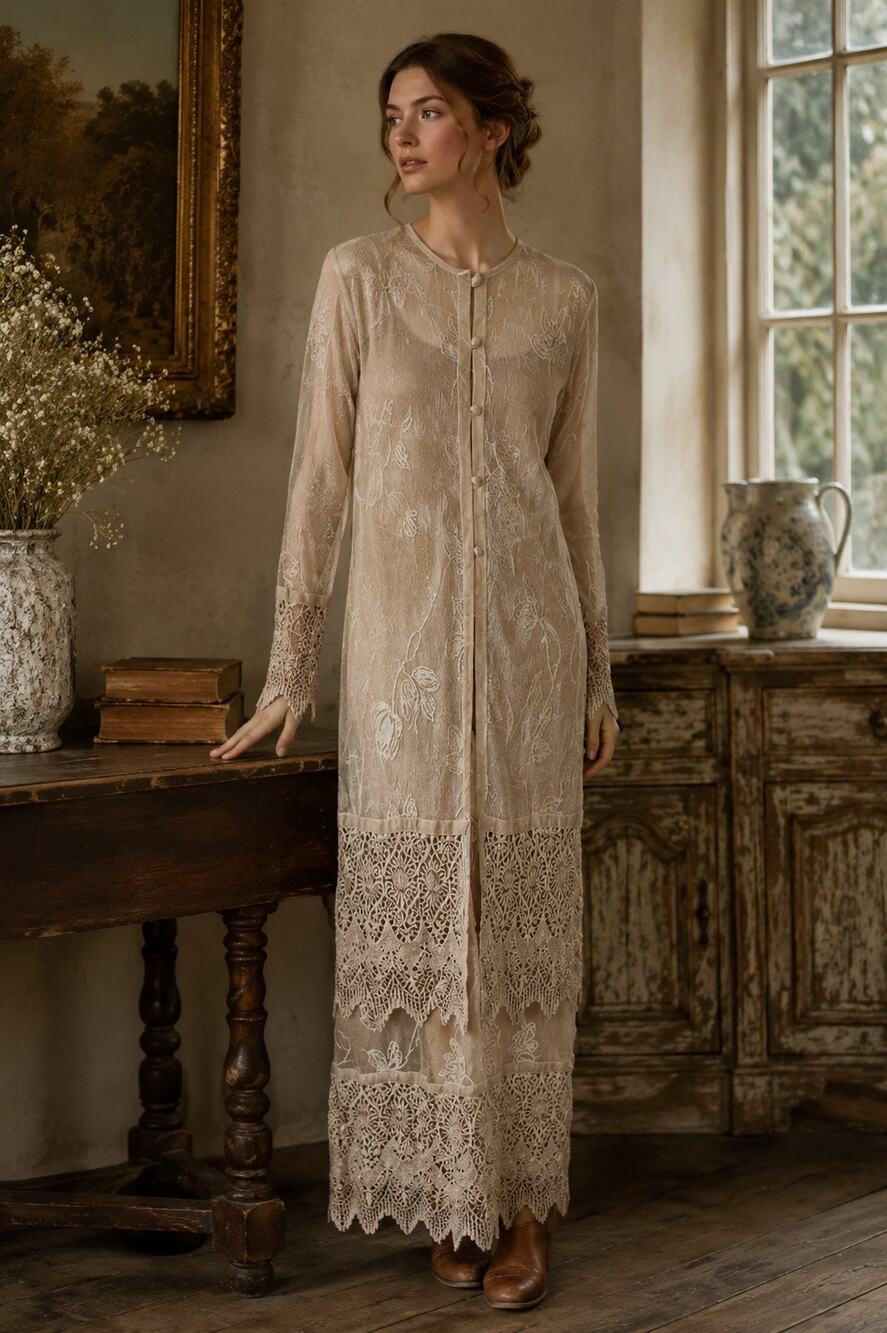 Cache Vintage Nocturn Lace Embroidered Dress Duster Set Beige Formal Size PS